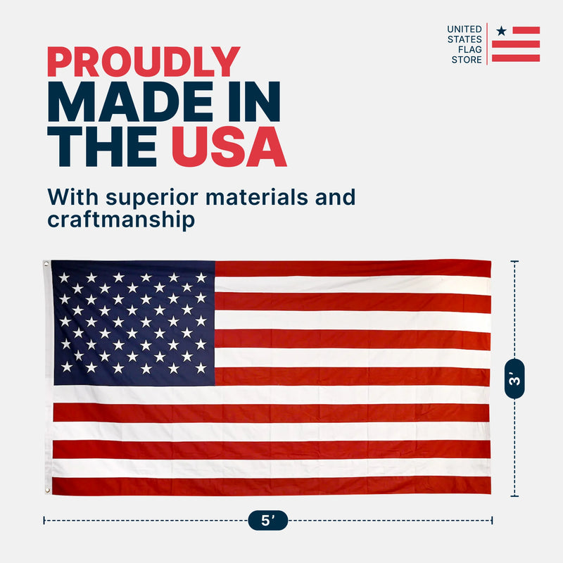 3'x5' American flag with dimensions, labeled "Proudly Made in the USA" with superior materials and craftsmanship.