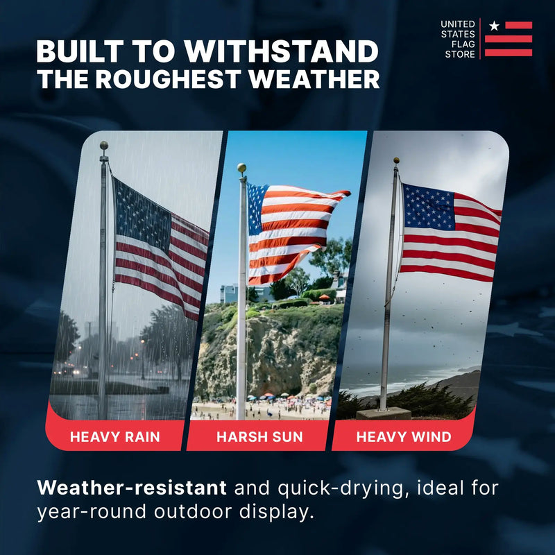 Advertisement for weather-resistant flags with images of American flags in various conditions.