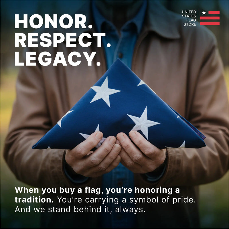 Person holding a folded American flag with text about honoring, respecting, and carrying a symbol of pride.