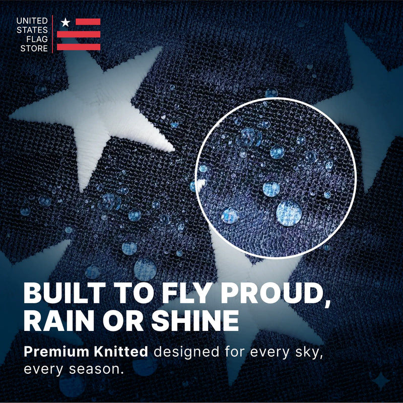 United States flag with close-up of fabric texture and text about durability.