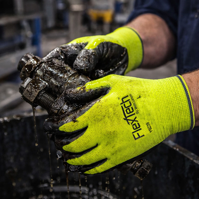Wells Lamont Y9239 FlexTech A1 Cut Sandy Latex Coated Gloves, High-Vis Green, view 3 of 3