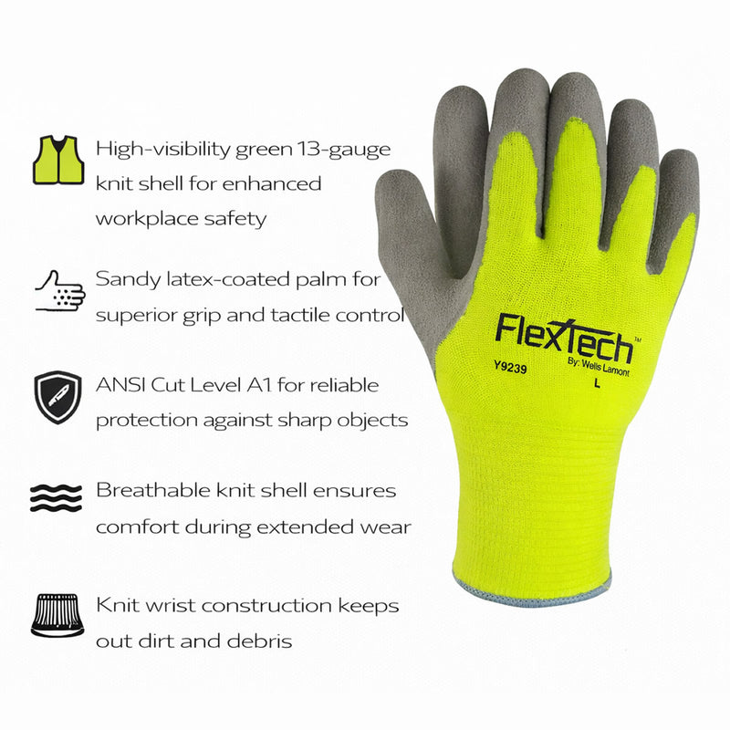 Wells Lamont Y9239 FlexTech A1 Cut Sandy Latex Coated Gloves, High-Vis Green, view 2 of 3