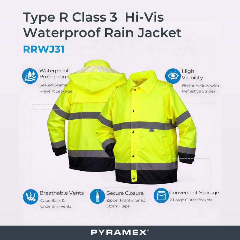 Pyramex RRWJ31 Type R Class 3 Hi-Vis Waterproof Rain Jacket, view 5 of 5