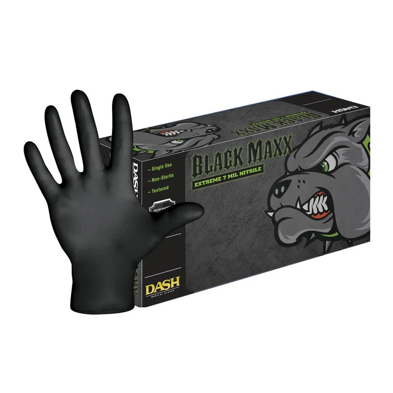 DASH Black Maxx Extreme Nitrile Disposable Exam Grade Disposable Gloves, Black, 7 mil, Box of 100, view 1 of 10