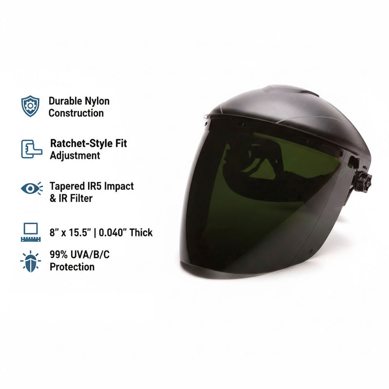 Pyramex Ridgeline Ratchet Headgear with Tapered IR5 Polycarbonate Face Shield, S1150 & HGBR Combo, view 4 of 5