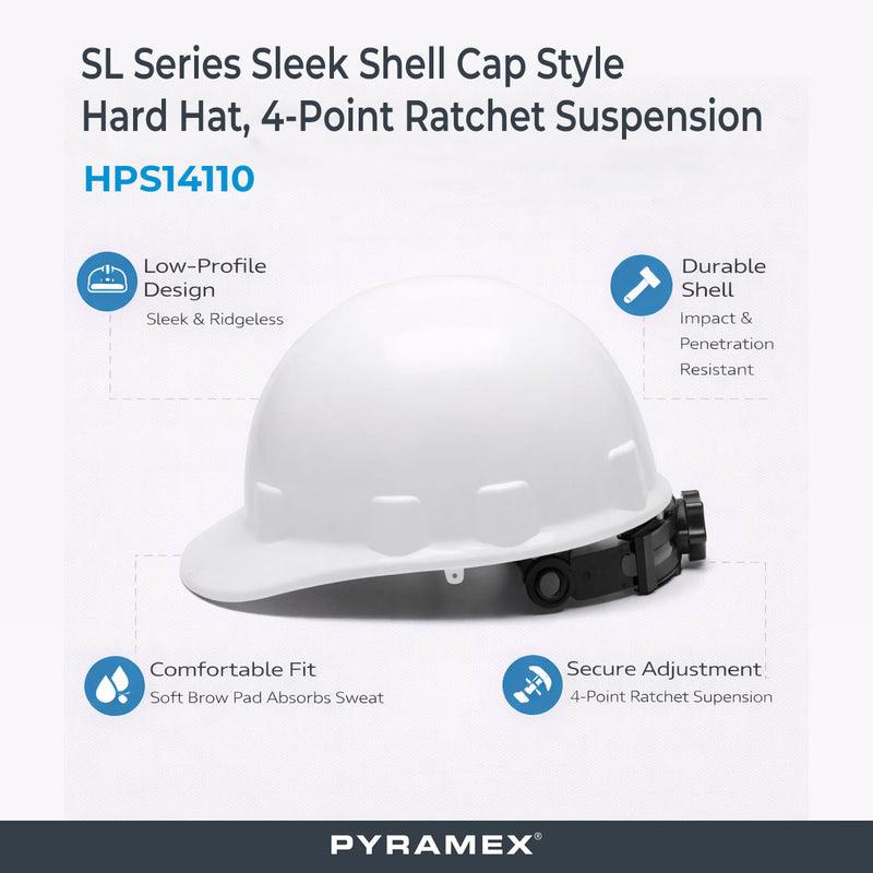 Pyramex SL Series Sleek Shell Cap Style Hard Hat, 4-Point Ratchet Suspension, view 5 of 6