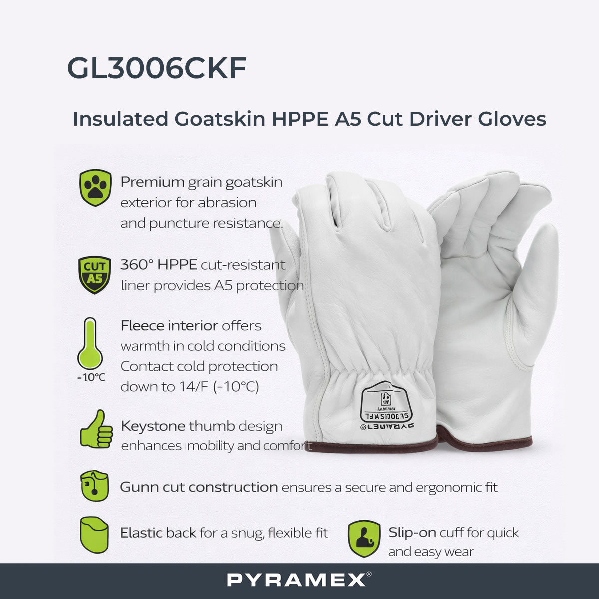 Pyramex GL3006CKF Insulated Premium Grain Goatskin HPPE A5 Cut Leather Driver Gloves, White Pyramex GL3006CKF Insulated Premium Grain Goatskin HPPE A5 Cut Leather Driver Gloves, White