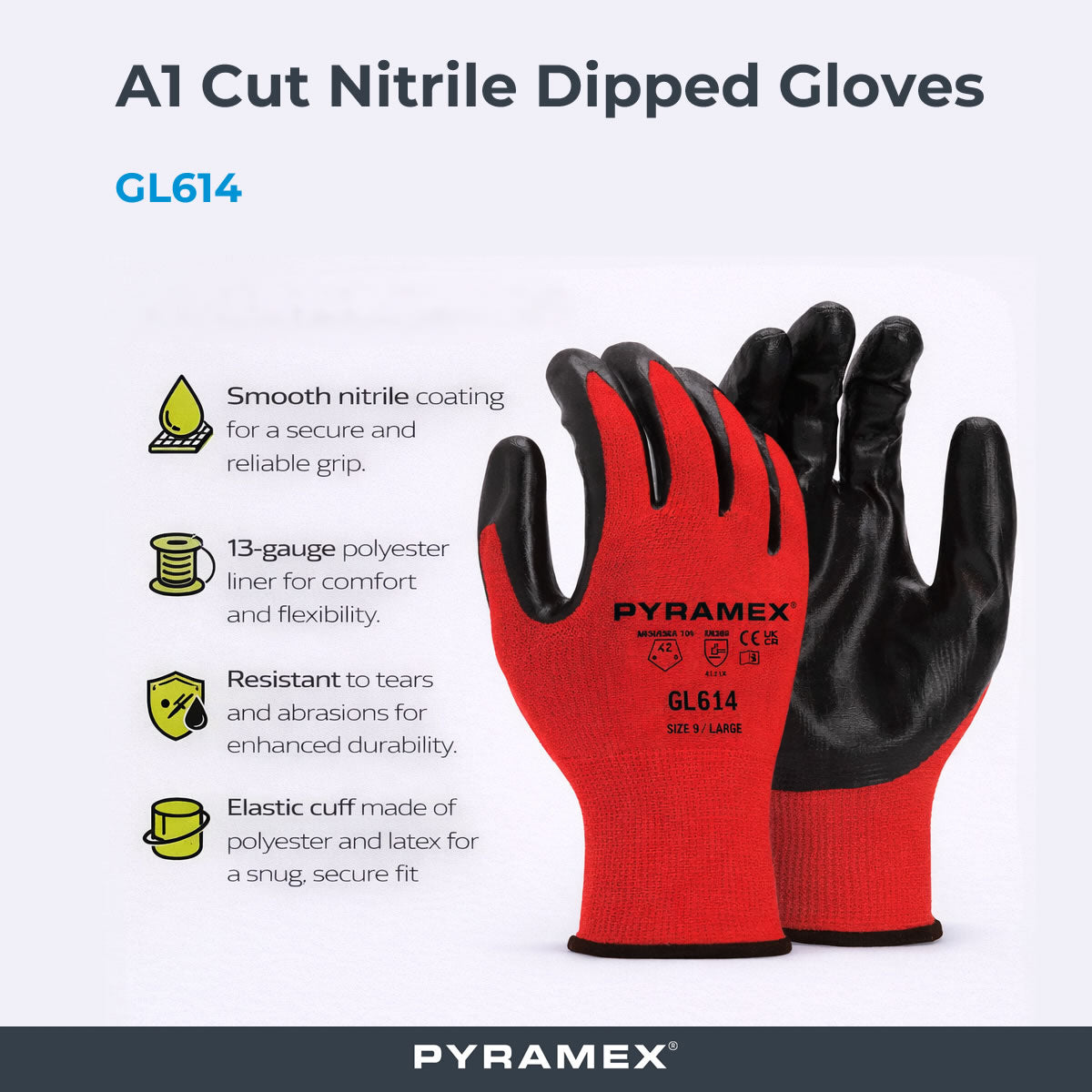 Pyramex GL614 A1 Cut Nitrile Dipped Gloves, Red Pyramex GL614 A1 Cut Nitrile Dipped Gloves, Red