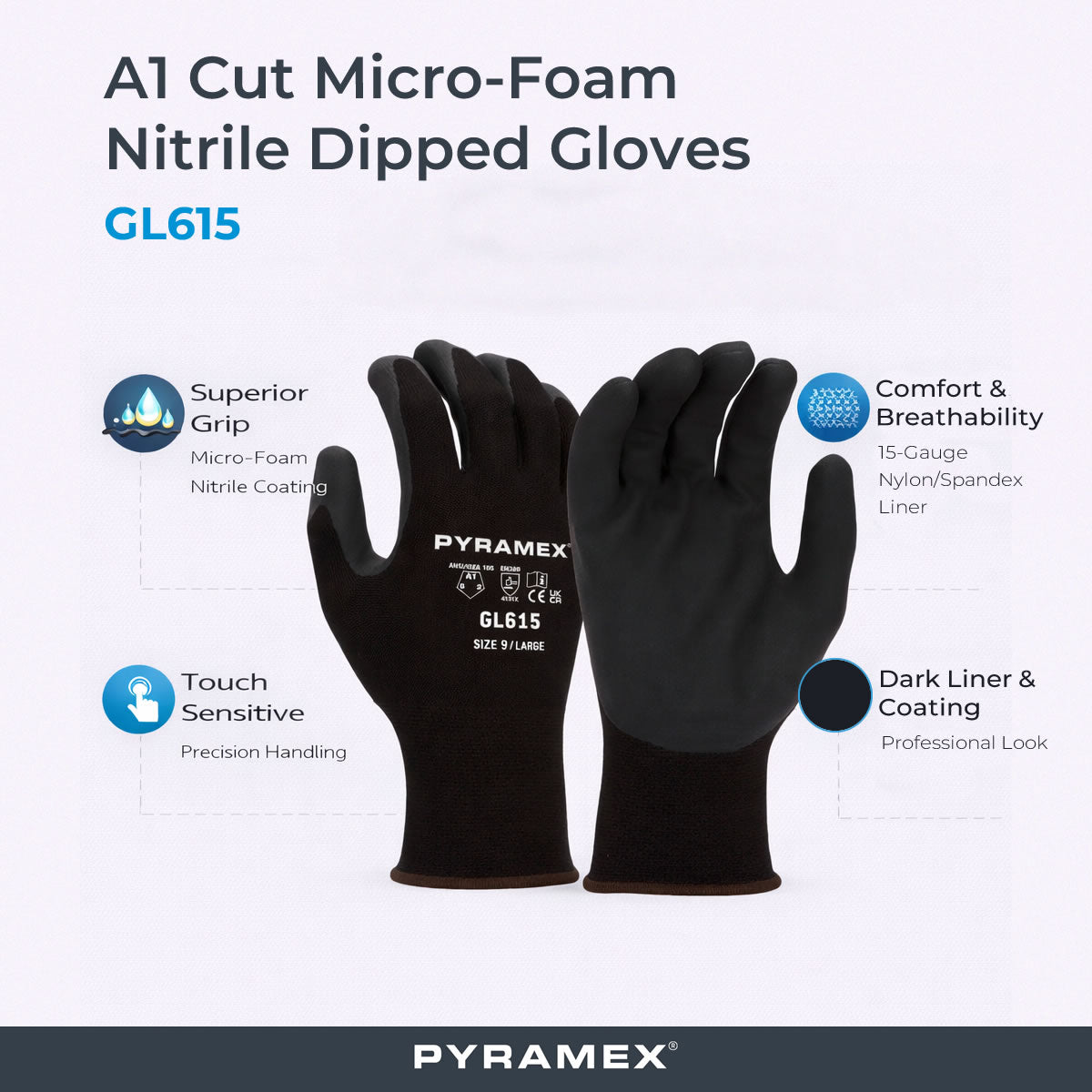 Pyramex Safety GL615 A1 Cut Micro-Foam Nitrile Dipped Gloves, Black Pyramex Safety GL615 A1 Cut Micro-Foam Nitrile Dipped Gloves, Black