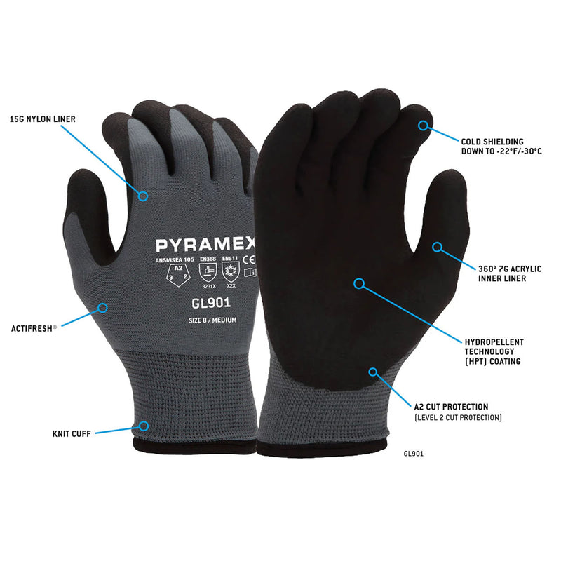Pyramex Safety GL901 Insulated A2 Cut HPT Dipped Gloves, Gray, view 2 of 3