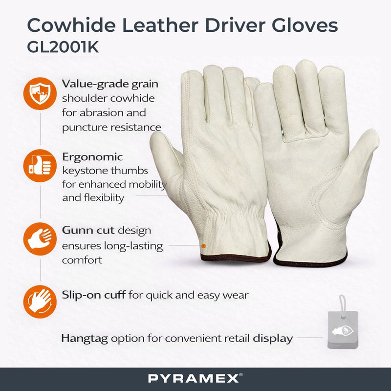Pyramex GL2001K Cowhide Leather Driver Gloves, Natural, view 2 of 3