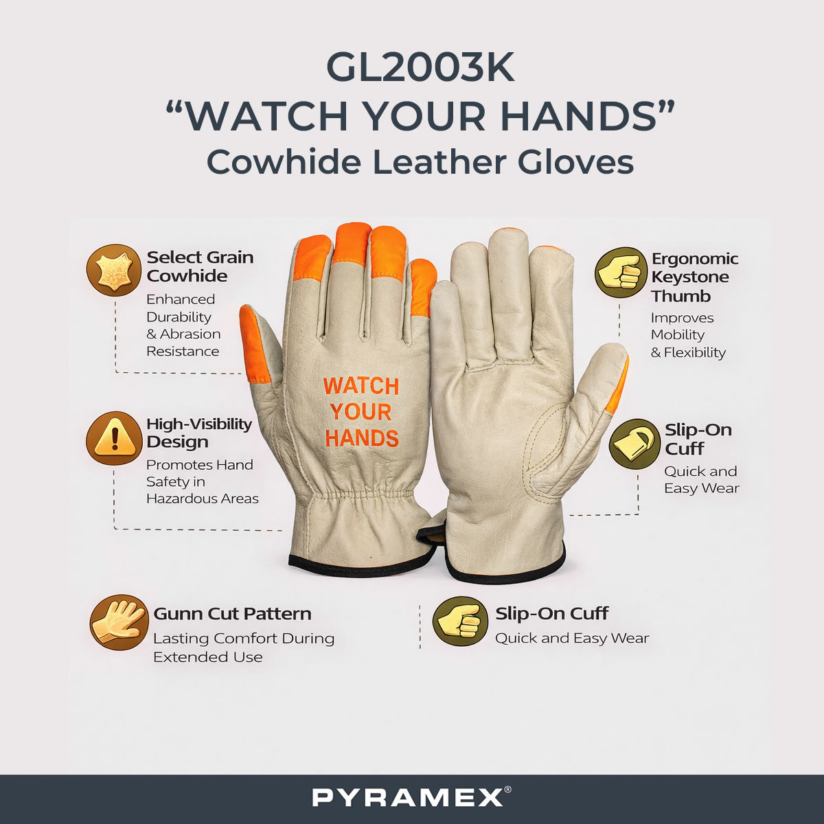 Pyramex GL2003K "Watch Your Hands" Cowhide Leather Driver Gloves, Natural Pyramex GL2003K "Watch Your Hands" Cowhide Leather Driver Gloves, Natural