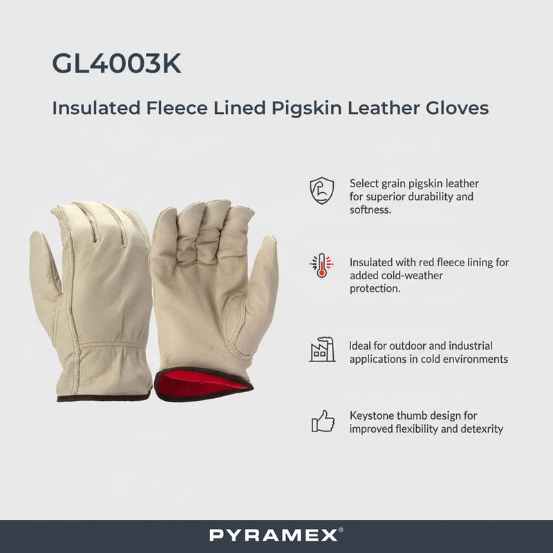 Pyramex GL4003K Insulated Fleece Lined Select Pigskin Leather Driver Gloves, Natural, view 3 of 3