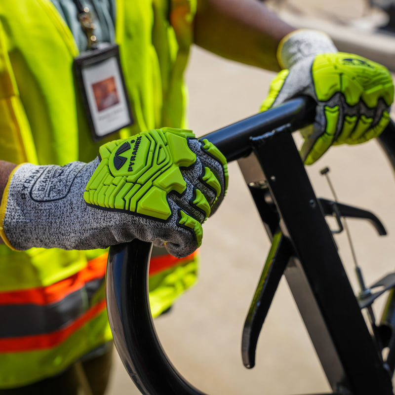 Pyramex GL402CB A4 Cut Polyurethane Dipped Level 1 Impact Gloves, Grey/Hi-Vis Lime, view 5 of 6