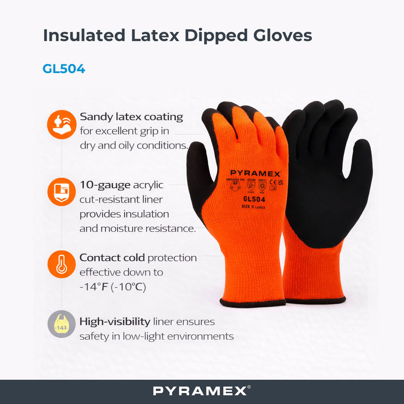 Pyramex GL504 Insulated A2 Cut Latex Dipped Gloves, Hi-Vis Orange, view 2 of 3