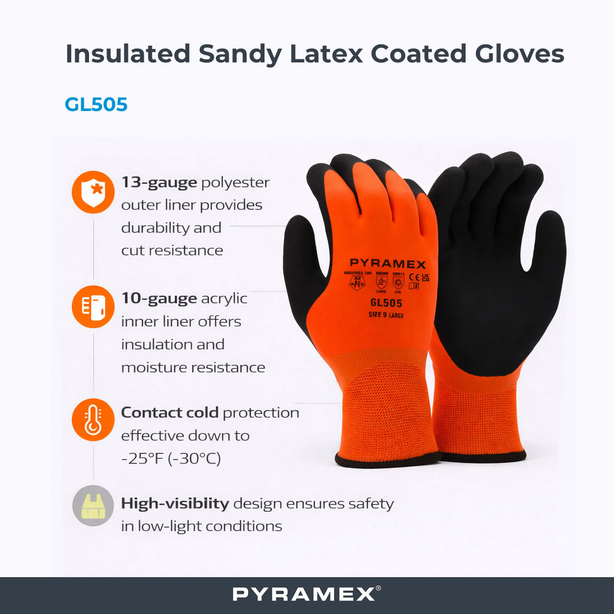 Pyramex GL505 Insulated A2 Cut Double Dipped Sandy Latex Coated Gloves, Hi-Vis Orange Pyramex GL505 Insulated A2 Cut Double Dipped Sandy Latex Coated Gloves, Hi-Vis Orange