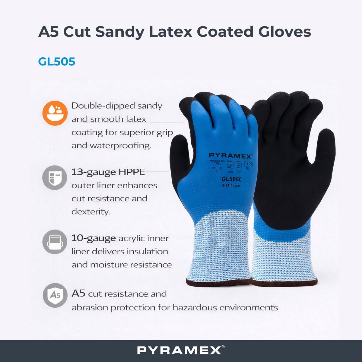 Pyramex GL506C Insulated A5 Cut Double Dipped Sandy Latex Coated Gloves, Blue Pyramex GL506C Insulated A5 Cut Double Dipped Sandy Latex Coated Gloves, Blue