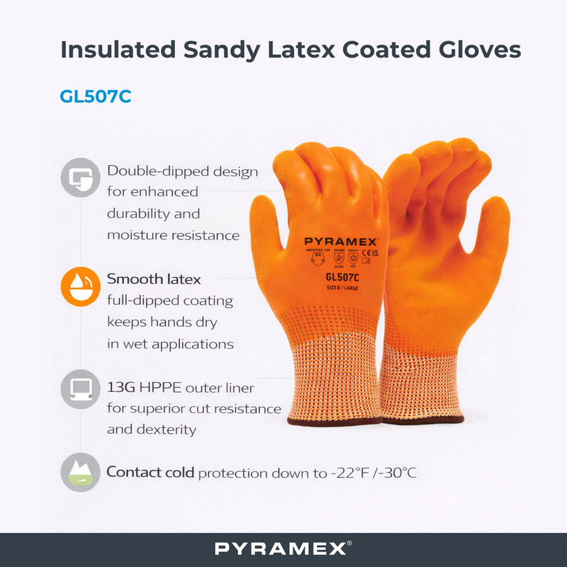Pyramex GL507C Insulated A4 Cut Double Dipped Sandy Latex Coated Gloves, Orange, view 2 of 3
