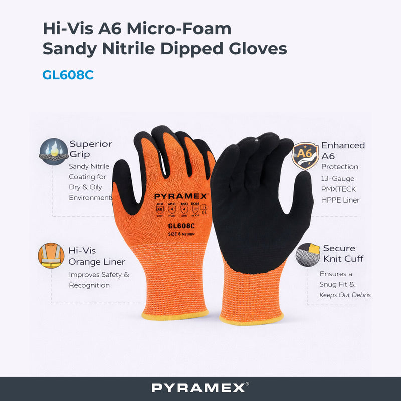 Pyramex GL608C A6 Micro-Foam Sandy Nitrile Dipped Gloves, Hi-Vis Orange, view 3 of 3