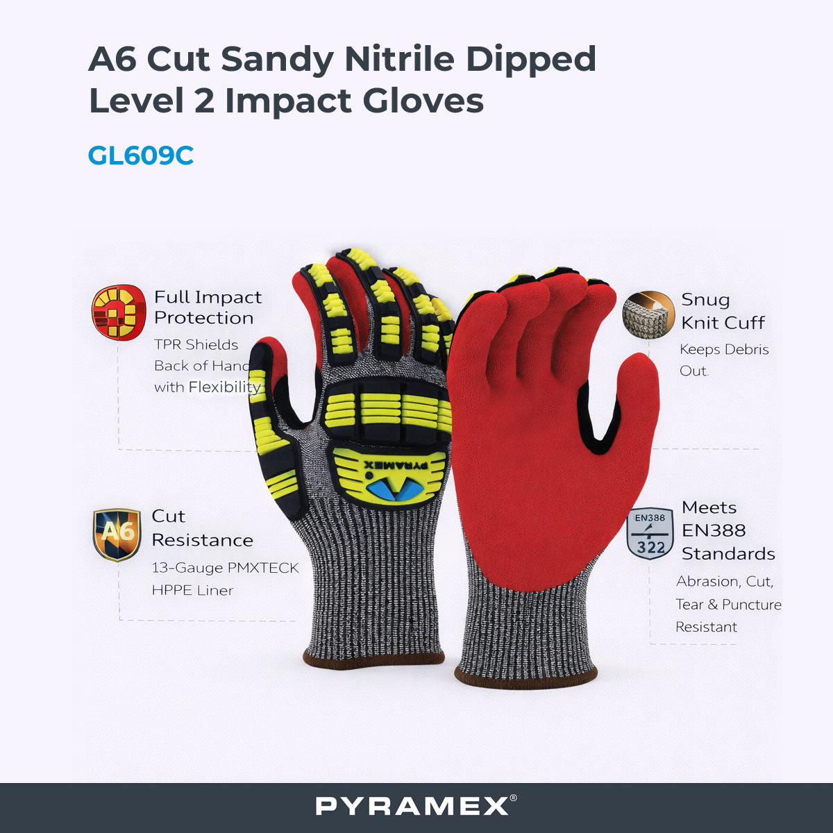 Pyramex GL609C A6 Cut Sandy Nitrile Dipped Level 2 Impact Gloves, Gray Pyramex GL609C A6 Cut Sandy Nitrile Dipped Level 2 Impact Gloves, Gray