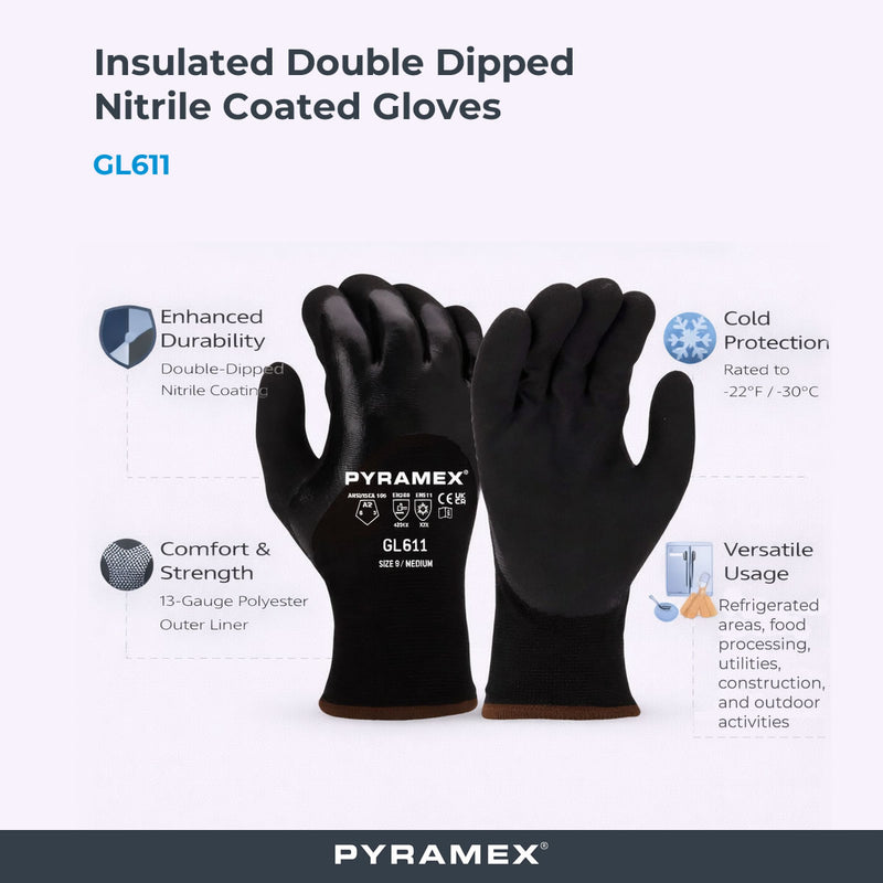 Pyramex GL611 Insulated A2 Cut Double Dipped Nitrile Coated Gloves, Black, view 2 of 3