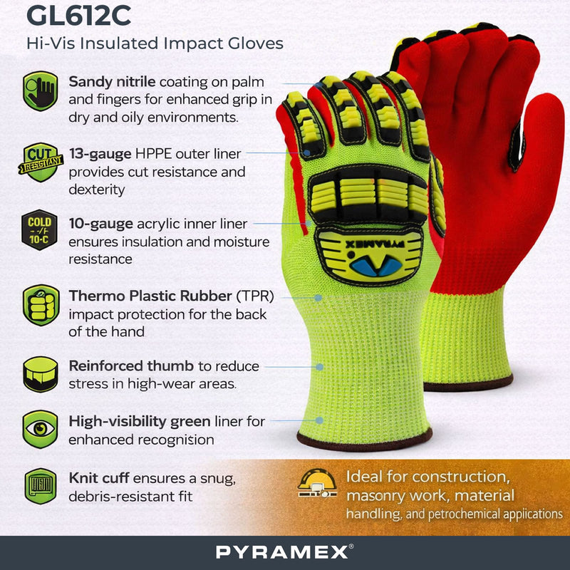 Pyramex GL612C Hi-Vis Insulated A5 Cut Sandy Nitrile Dipped Level 2 Impact Gloves, Hi-Vis Green, view 2 of 3