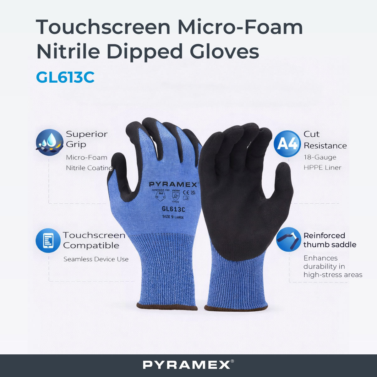 Pyramex Safety GL613C Touchscreen A4 Cut Micro-Foam Nitrile Dipped Gloves, Blue Pyramex Safety GL613C Touchscreen A4 Cut Micro-Foam Nitrile Dipped Gloves, Blue