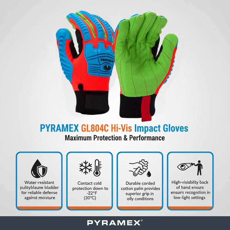 Pyramex GL804C Hi-Vis Insulated Corded Cotton A2 Cut Level 1 Impact Gloves, Blue/Green/Orange, view 2 of 3