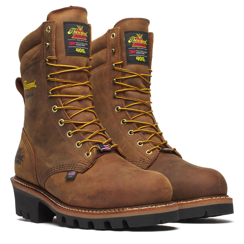 Thorogood Men's Logger Series 9" Insulated Waterproof Steel Toe Boots, 804-3554, Crazy Horse Brown