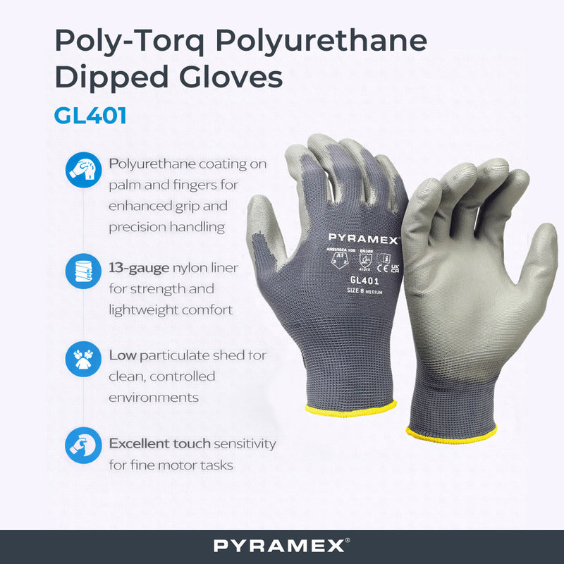 Pyramex Safety GL401 Poly-Torq Polyurethane Dipped Gloves, Gray, view 2 of 3
