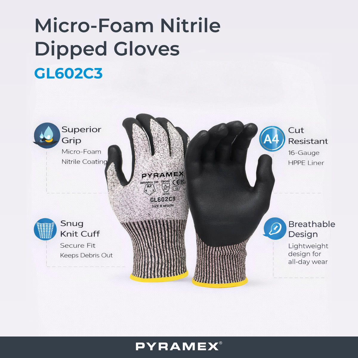 Pyramex Safety GL602C3 A2 Cut Micro-Foam Nitrile Dipped Gloves, Gray Pyramex Safety GL602C3 A2 Cut Micro-Foam Nitrile Dipped Gloves, Gray