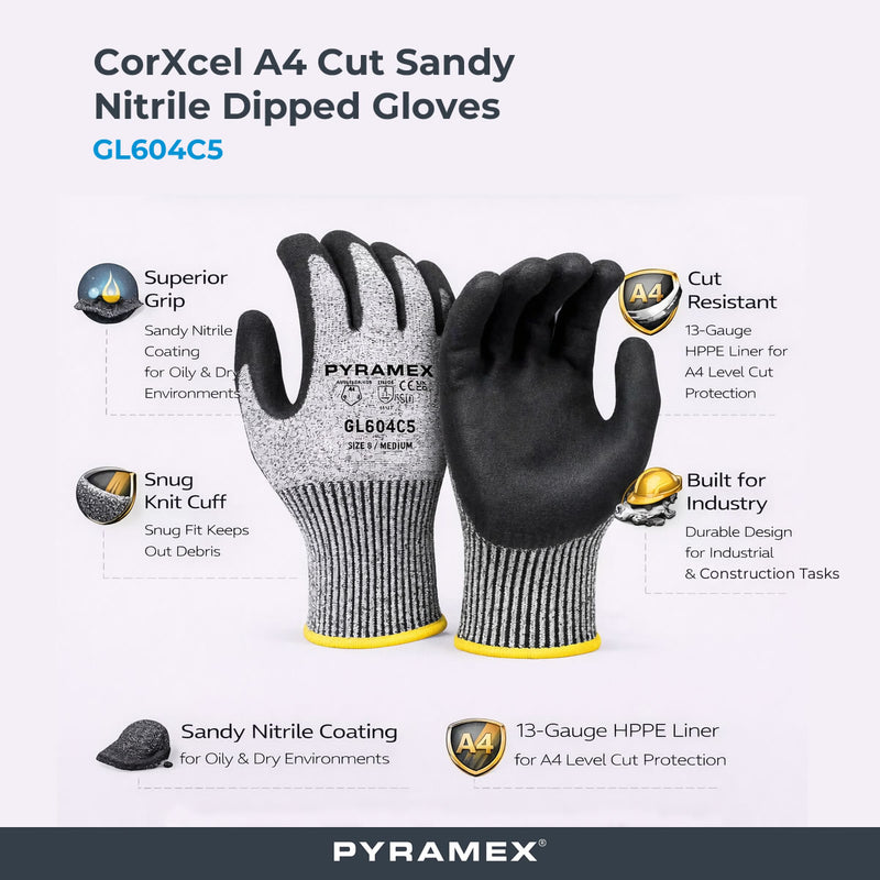 Pyramex GL604C5 CorXcel A4 Cut Sandy Nitrile Dipped Gloves, Gray, view 2 of 3