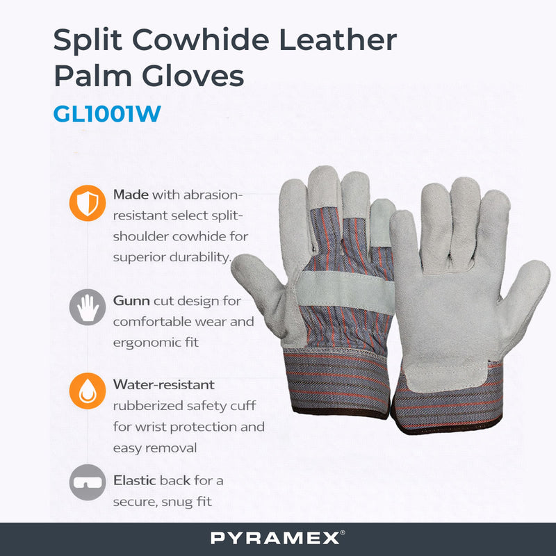Pyramex Safety GL1001W Split Cowhide Leather Palm Gloves, Gray, view 3 of 3