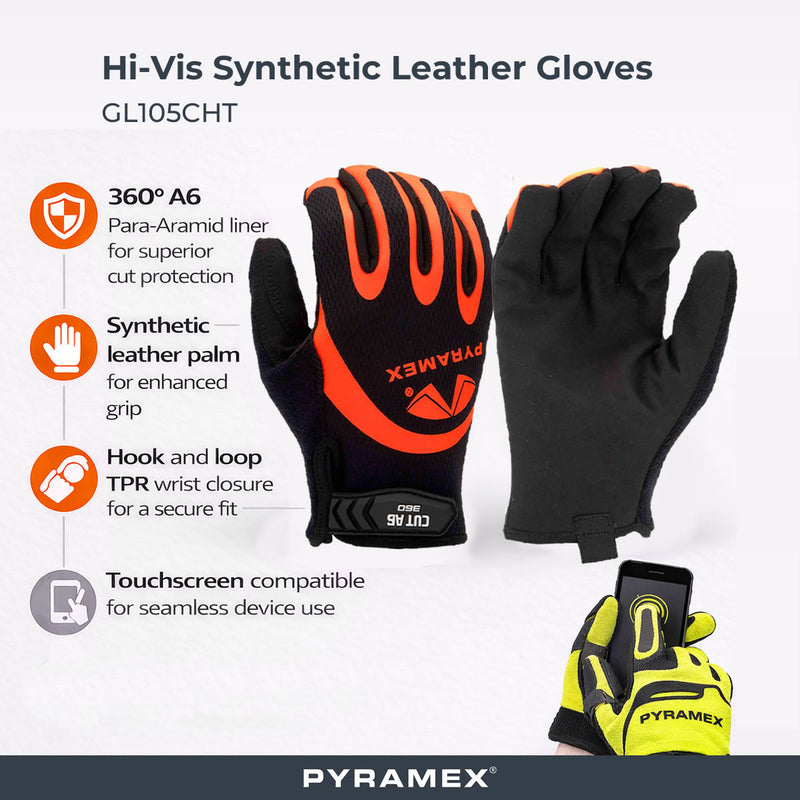 Pyramex GL105CHT Synthetic Leather A6 Cut Gloves, Hi-Vis Orange/Black, view 2 of 3