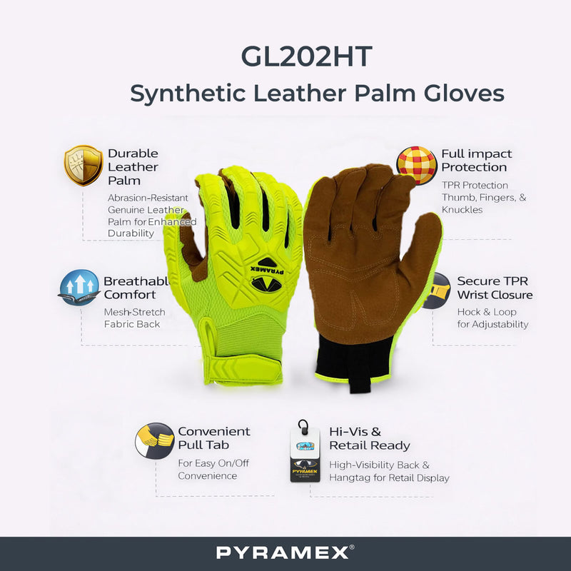 Pyramex GL202HT Synthetic Leather Palm Level 1 Impact Gloves, Hi-Vis Green, view 2 of 3