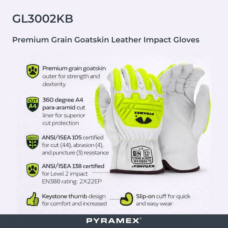 Pyramex GL3002CKB Premium Grain Goatskin Hi-Vis Leather Driver Para-Aramid A4 Cut Level 2 Impact Gloves, White, view 2 of 3