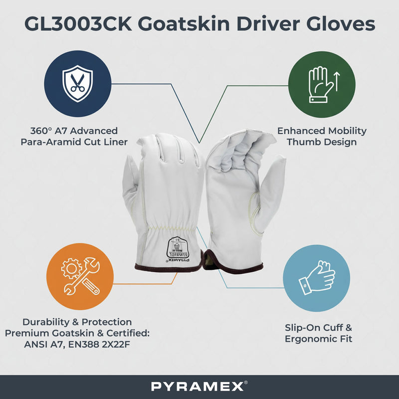 Pyramex GL3003CK Premium Grain Goatskin Leather Driver Para-Aramid A7 Cut Gloves, White, view 2 of 3