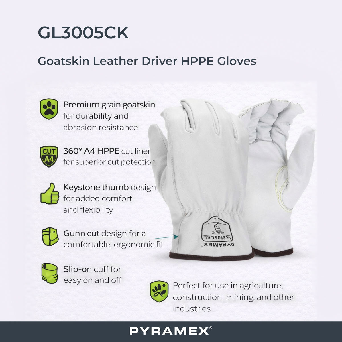 Pyramex GL3005CK Premium Grain Goatskin Leather Driver HPPE A4 Cut Gloves, White Pyramex GL3005CK Premium Grain Goatskin Leather Driver HPPE A4 Cut Gloves, White