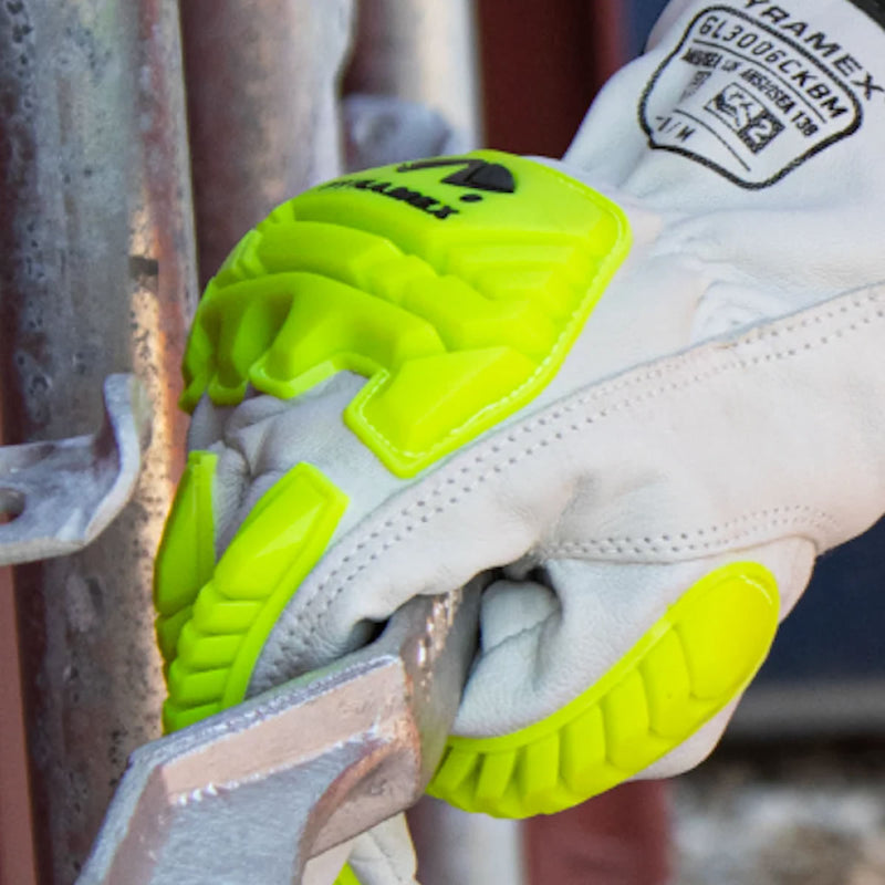 Pyramex GL3006CKB Premium Grain Goatskin Hi-Vis Leather Driver HPPE A5 Cut Level 2 Impact Gloves, White, view 2 of 2