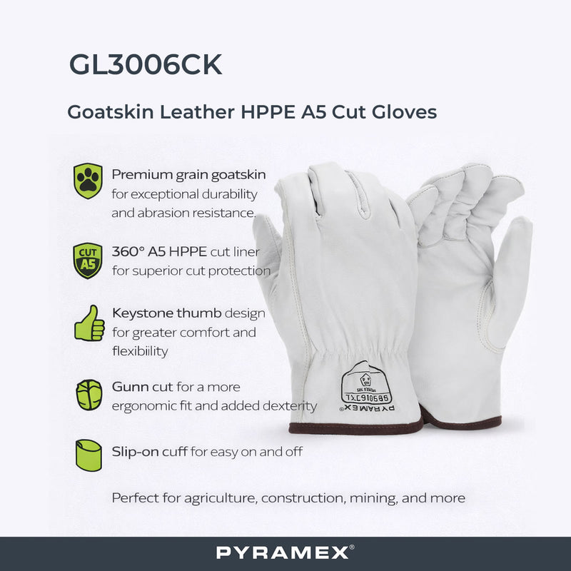 Pyramex GL3006CK Premium Grain Goatskin Leather Driver HPPE A5 Cut Gloves, White, view 2 of 3