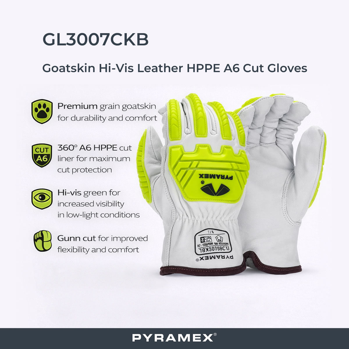 Pyramex GL3007CKB Premium Grain Goatskin Leather Driver HPPE A6 Cut Level 2 Impact Gloves, Hi-Vis Green Pyramex GL3007CKB Premium Grain Goatskin Leather Driver HPPE A6 Cut Level 2 Impact Gloves, Hi-Vis Green