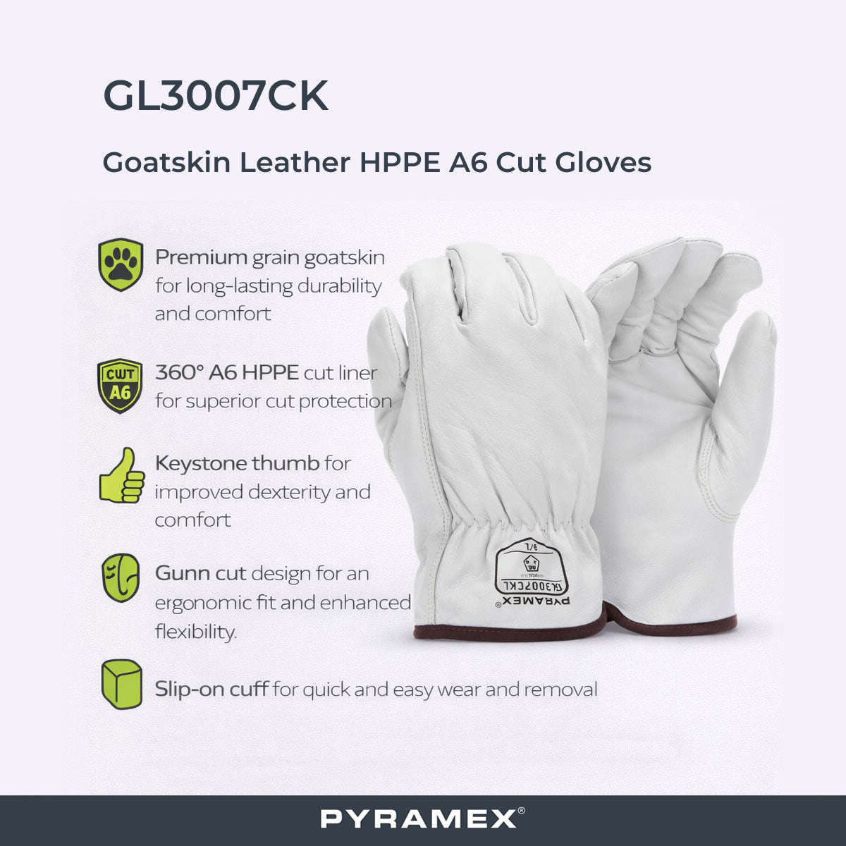 Pyramex GL3007CK Premium Grain Goatskin Leather Driver HPPE A6 Cut Gloves, White Pyramex GL3007CK Premium Grain Goatskin Leather Driver HPPE A6 Cut Gloves, White