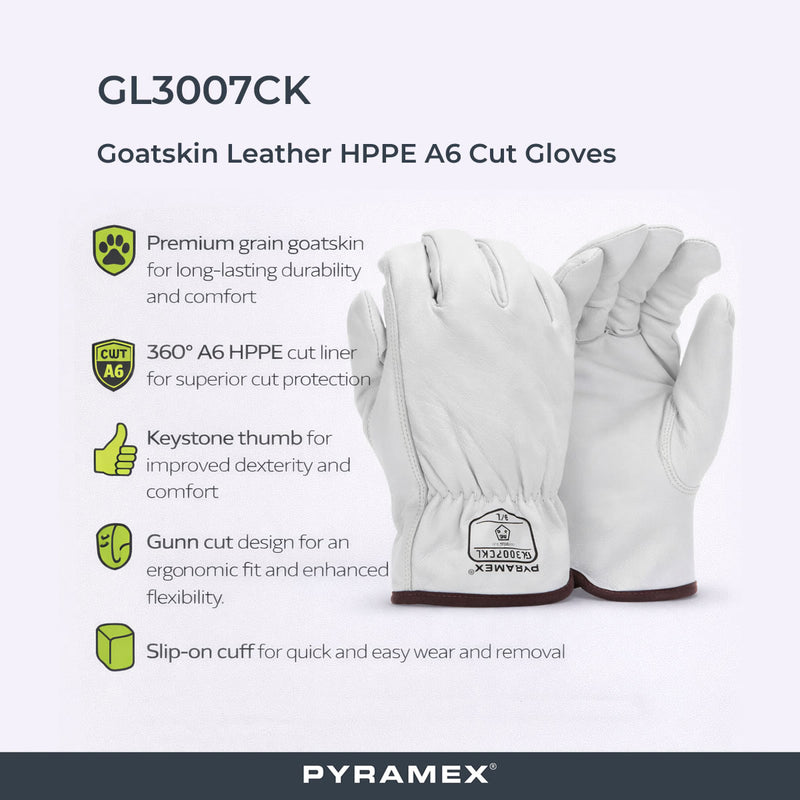 Pyramex GL3007CK Premium Grain Goatskin Leather Driver HPPE A6 Cut Gloves, White, view 2 of 3