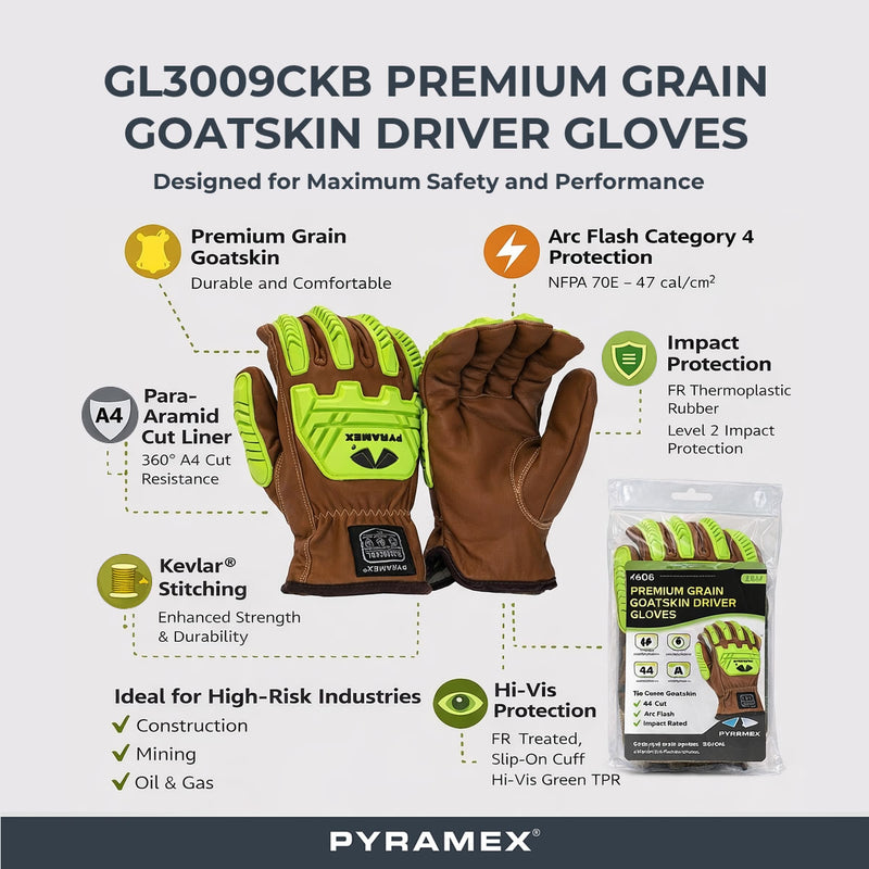 Pyramex GL3009CKB Premium Grain Goatskin Leather Driver Para-Aramid A4 Cut Level 2 Impact Gloves, Hi-Vis Green, view 2 of 3