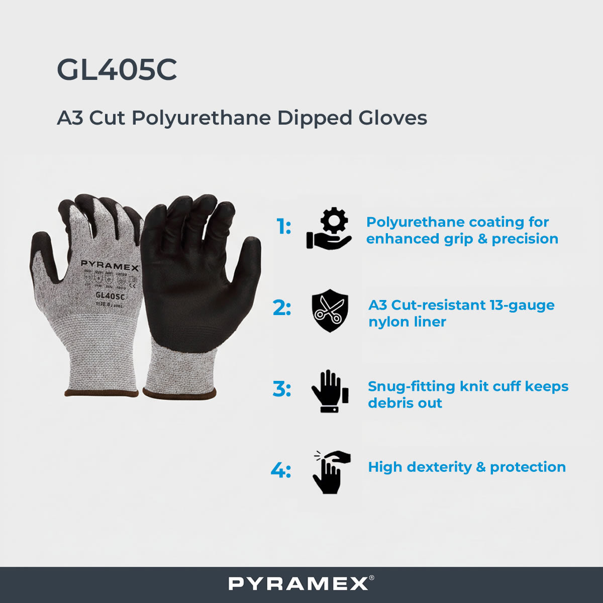 Pyramex GL405C A3 Cut Polyurethane Dipped Gloves, Gray Pyramex GL405C A3 Cut Polyurethane Dipped Gloves, Gray