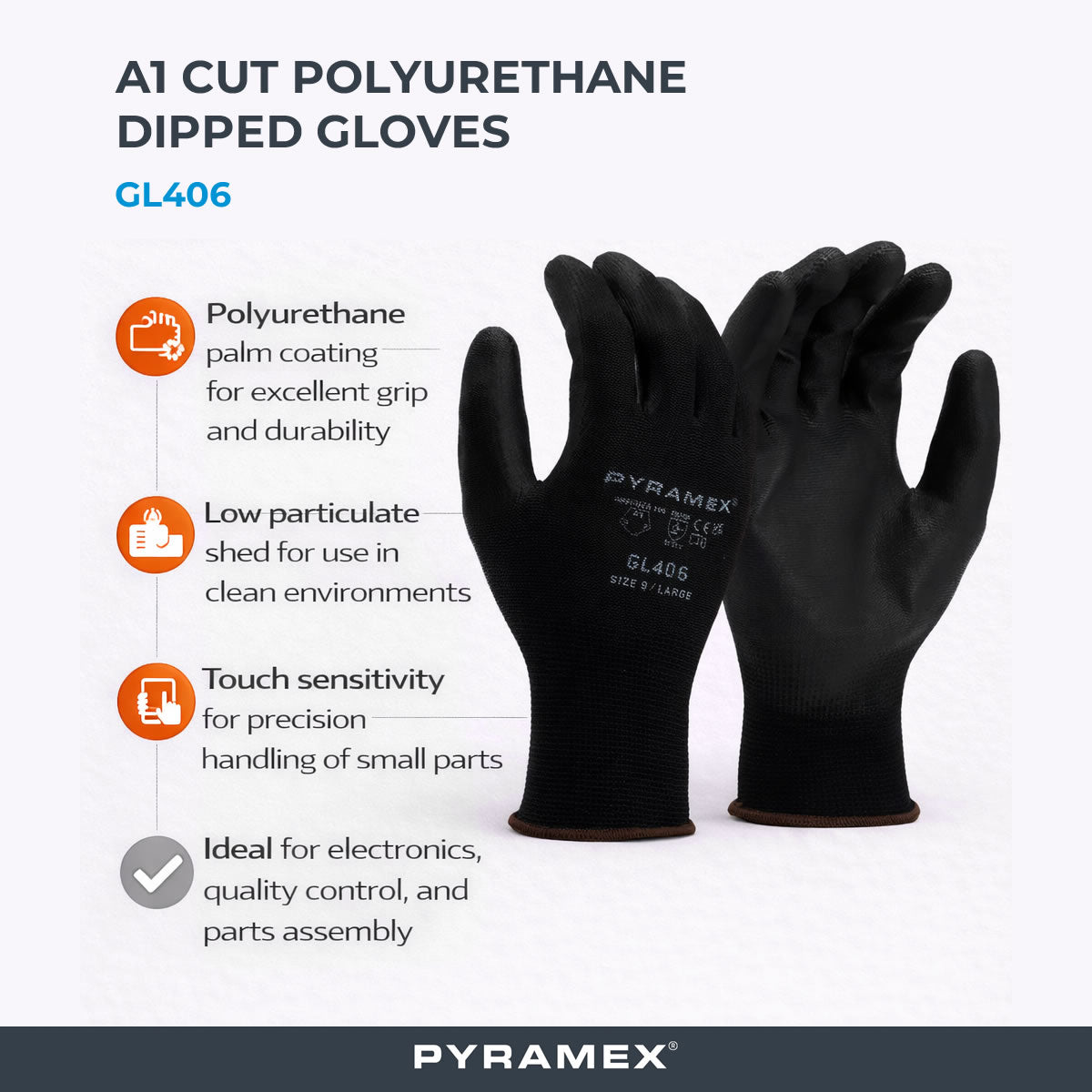Pyramex GL406 A1 Cut Polyurethane Dipped Gloves, Black Pyramex GL406 A1 Cut Polyurethane Dipped Gloves, Black