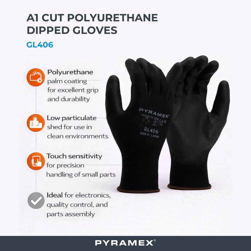 Pyramex GL406 A1 Cut Polyurethane Dipped Gloves, Black, view 2 of 3
