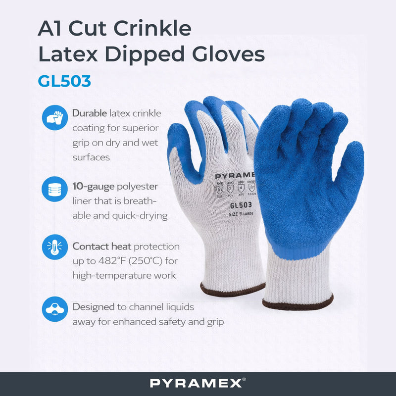 Pyramex Safety GL503 A1 Cut Crinkle Latex Dipped Gloves, Gray, view 2 of 3