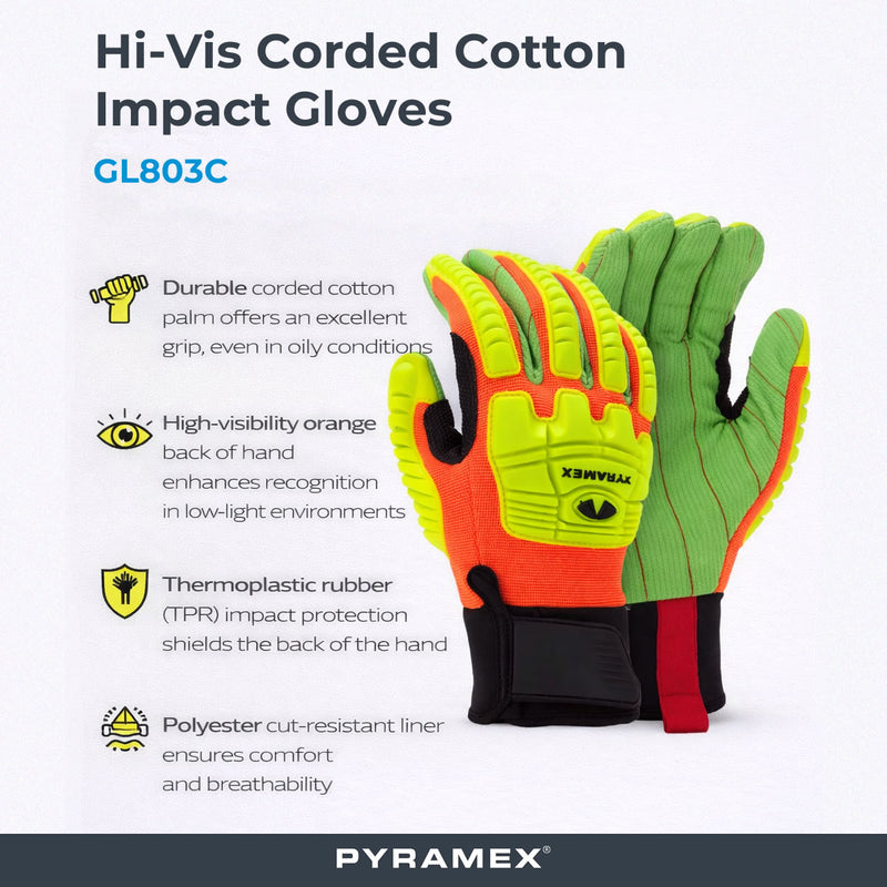 Pyramex GL803C Corded Cotton A2 Cut Level 1 Impact Gloves, Hi-Vis Orange, view 2 of 3