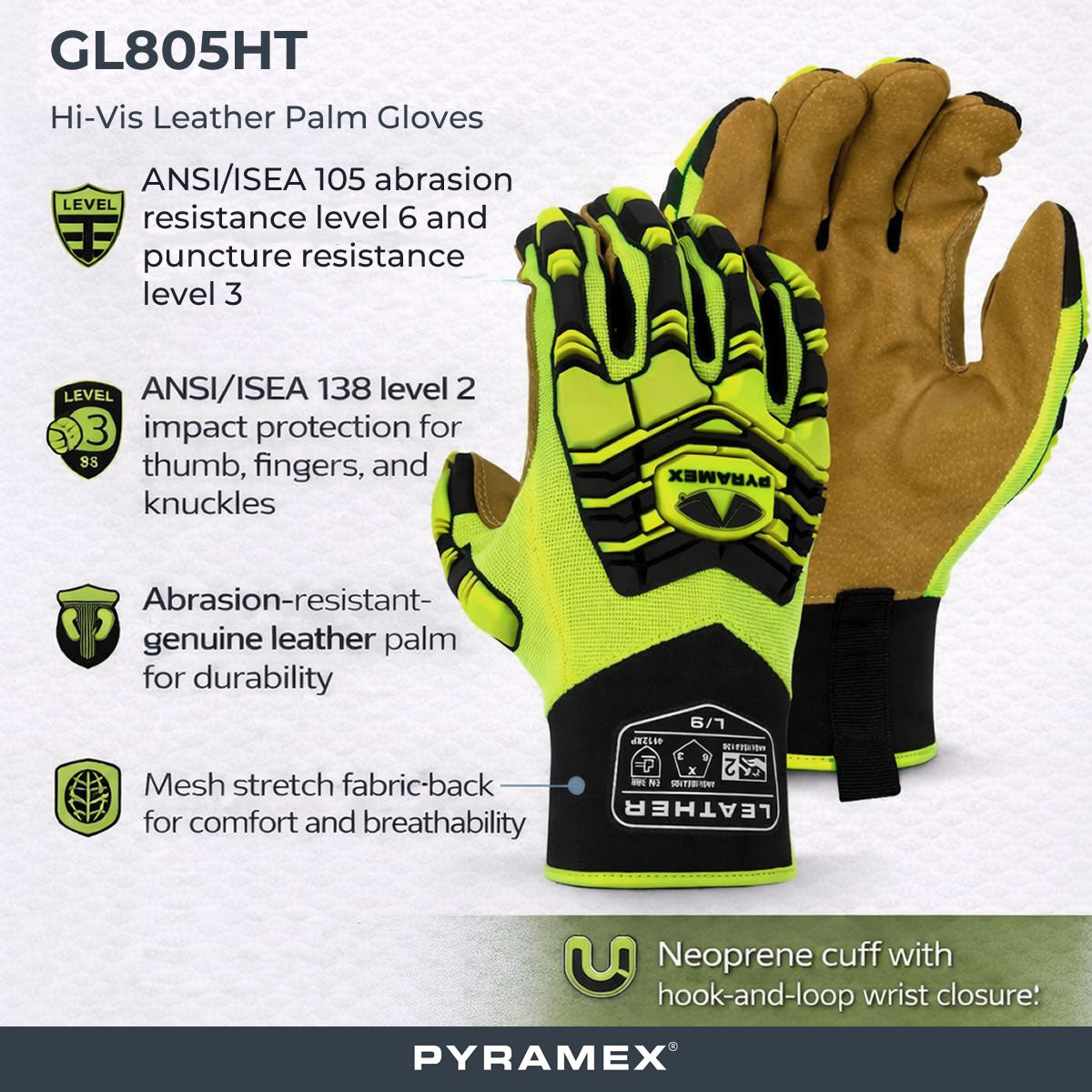 Pyramex GL805HT Leather Palm Level 2 Impact Gloves, Hi-Vis Green Pyramex GL805HT Leather Palm Level 2 Impact Gloves, Hi-Vis Green